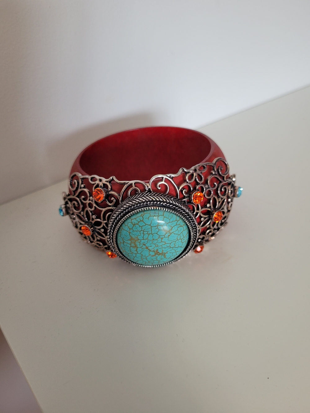 Boho Ornate Filigree Faux Turquoise Red Wide Cuff Bangle Bracelet